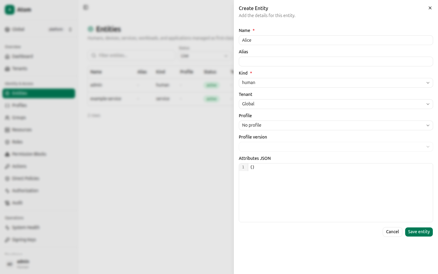 Create entity dialog