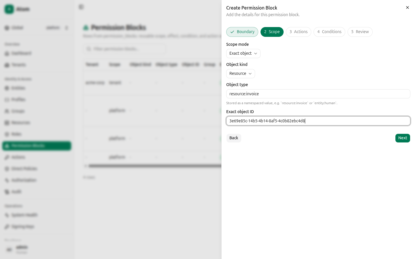 Permission block wizard, scope step filled in