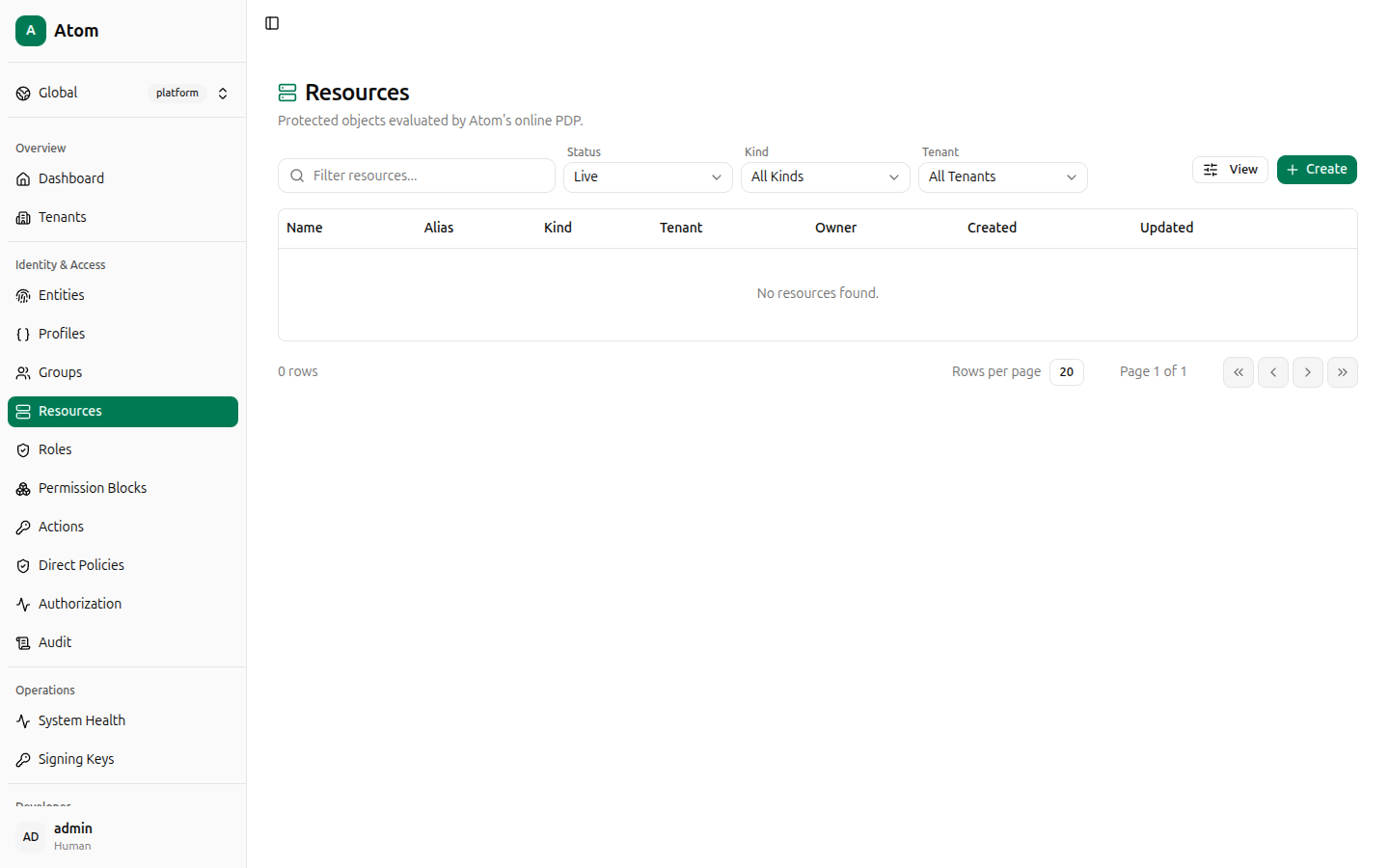 Resources page, empty
