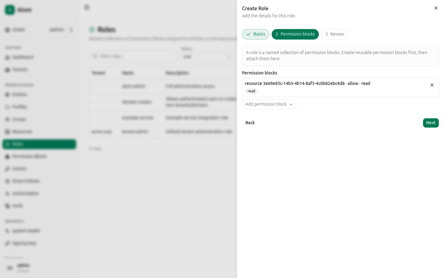 Role wizard, permission block selected