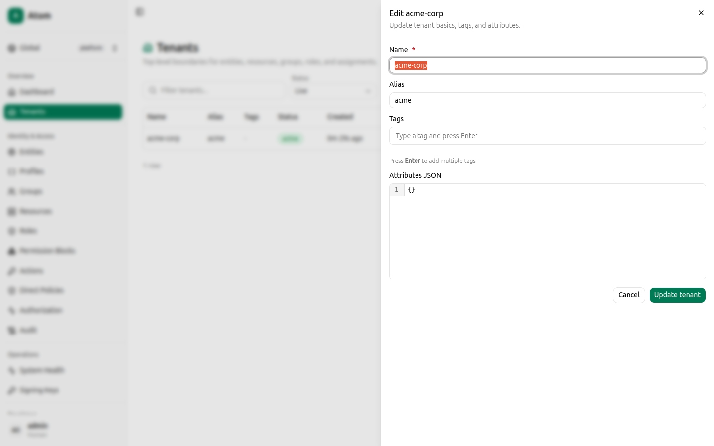 Edit tenant dialog
